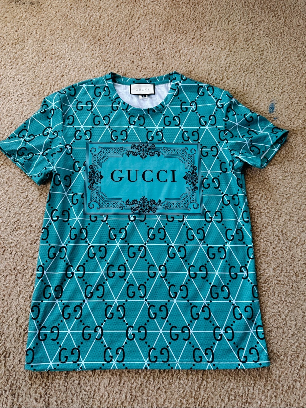 Gucci Teal Blue Allover GG Monogram Short Sleeve Tee
